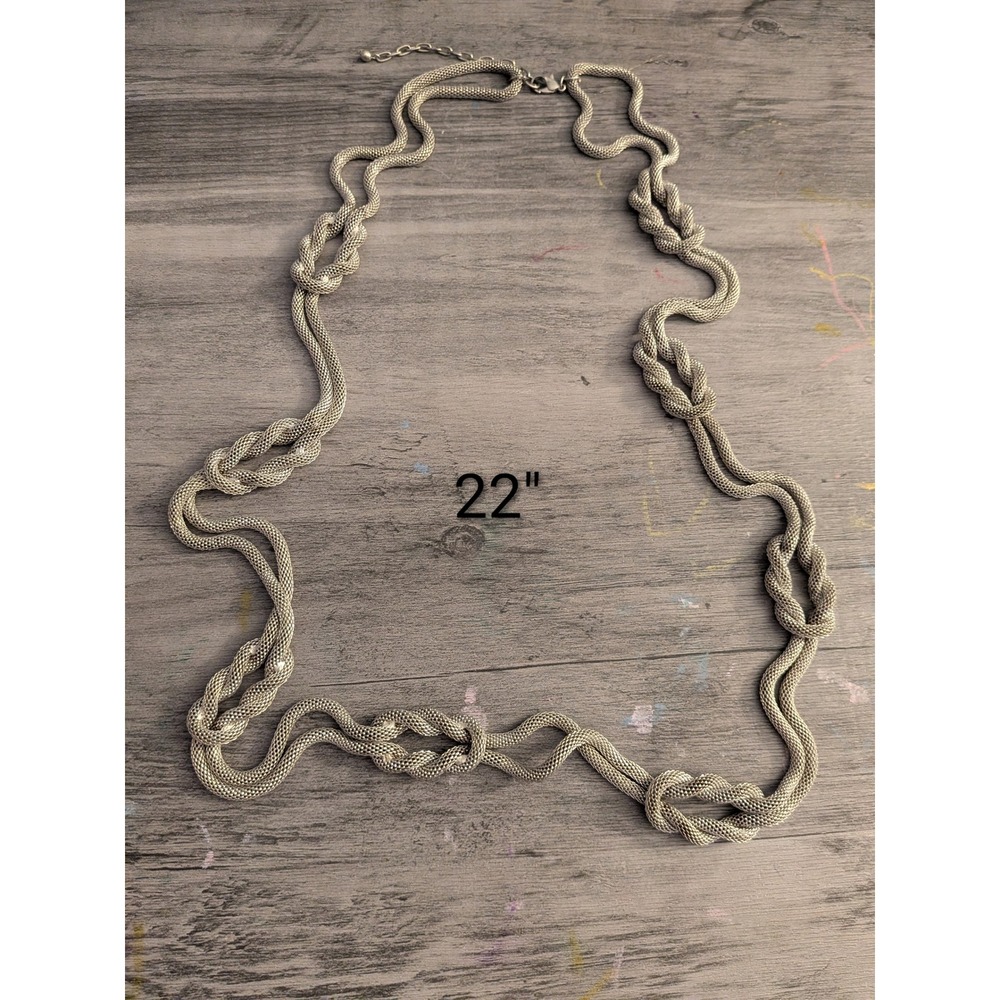 Silver Mesh Knotted Statement Necklace Long Chain Adjustable Lobster Clasp 22in